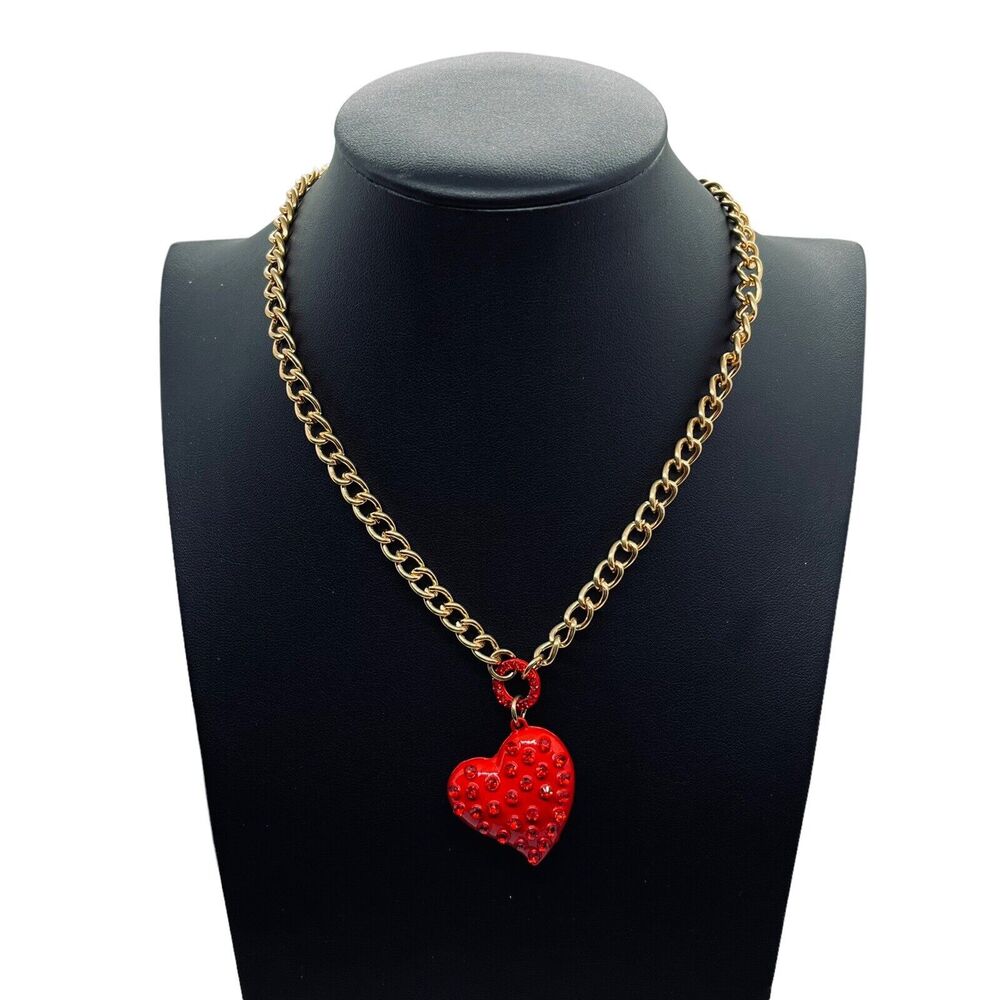Red Rhinestones Heart Shape Pendant Gold Color Link Chain Choker Style Necklace